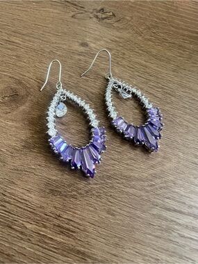 Purple Crystal Teardrop Earrings with Clear Accents